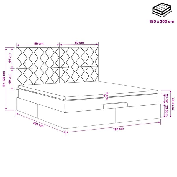 Ottoman säng med madrass Ljusgrå 180 x 200 cm Sammet