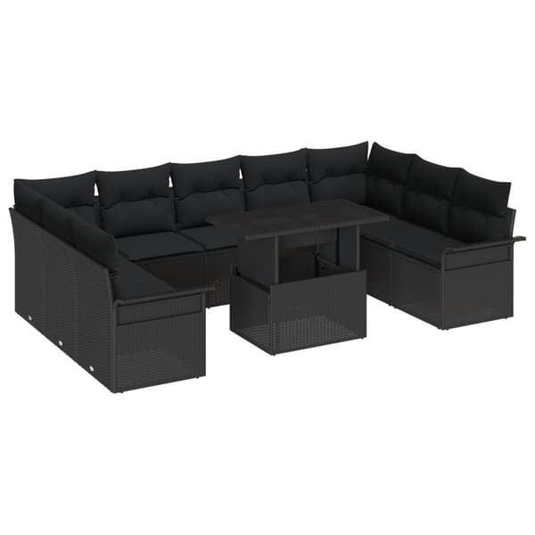 Trädgårdsoffset med kudde 10 pcs Svart Poly rattan