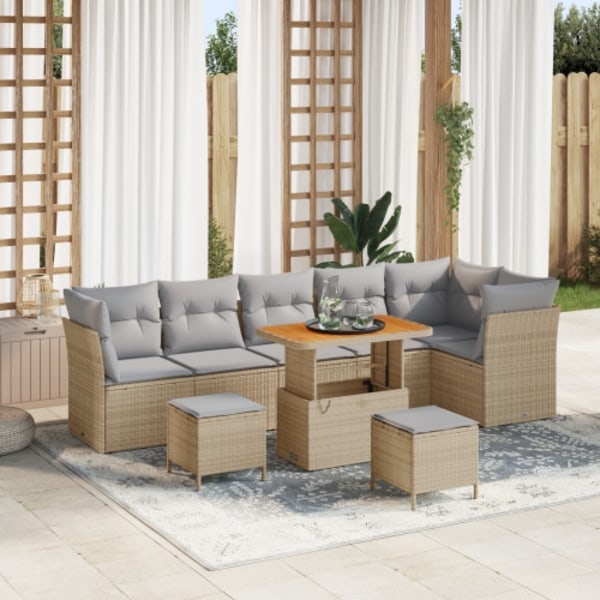 9-delars trädgårdsoffset med kuddar beige Poly Rattan Akacieträ