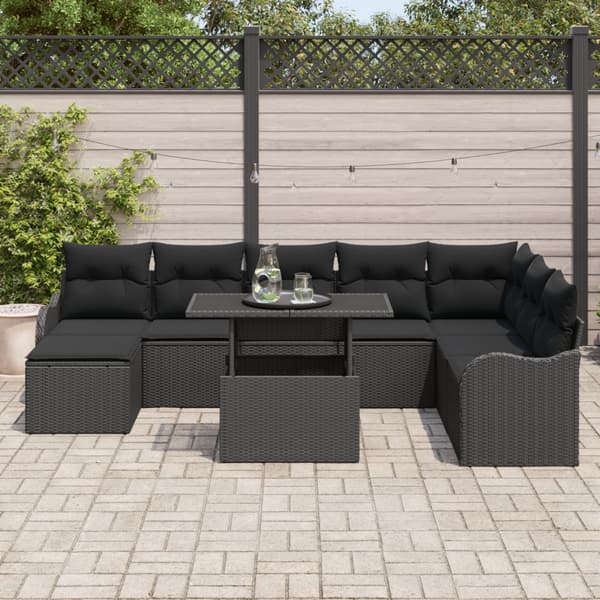 Trädgårdsoffset med kudde 9 pcs Svart Poly rattan