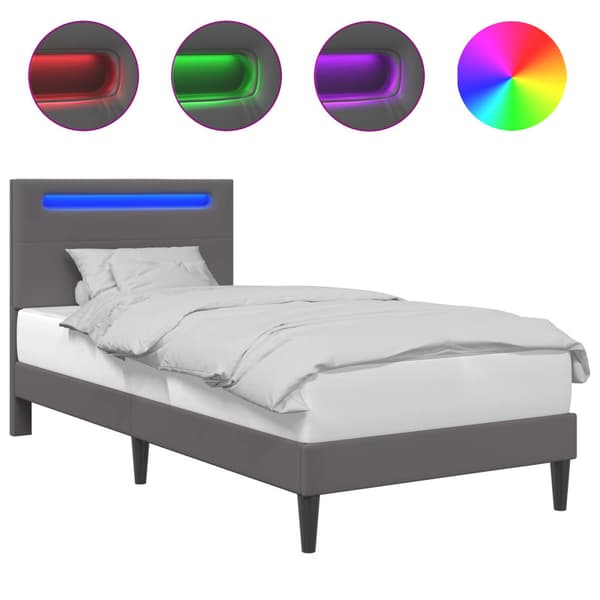 Sängram med LED-ljusslingor Grå 90 x 190 cm Konstläder