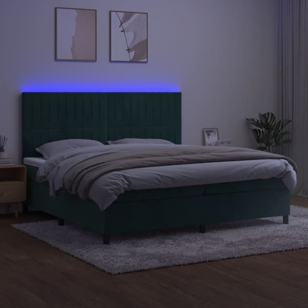 Ramsäng med madrass & LED mörkgrön 200x200 cm sammet