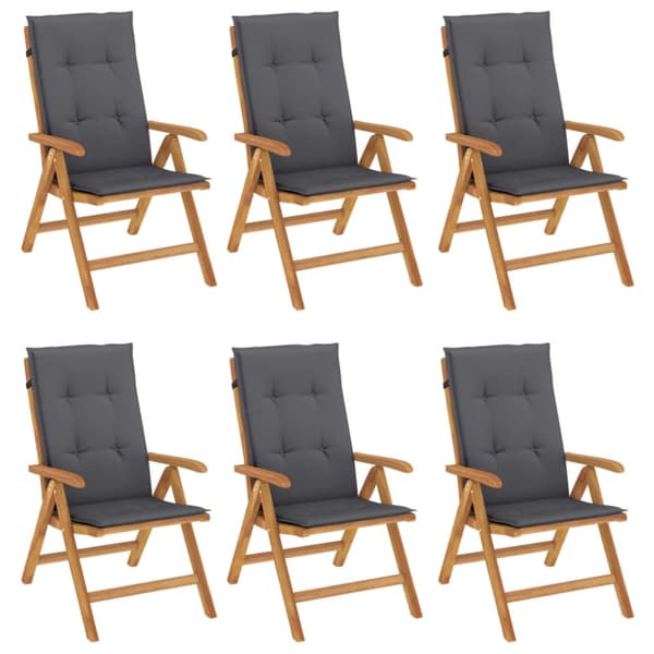 Fällbara fåtöljer med dynor, 6 st, massivt trä, teak