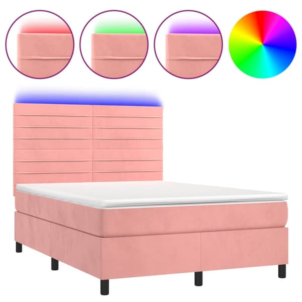 Ramsäng med madrass rosa & LED 140x190 cm sammet