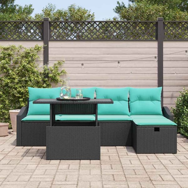 Trädgårdsoffset med kudde med lagring 6 pcs Svart Poly rattan