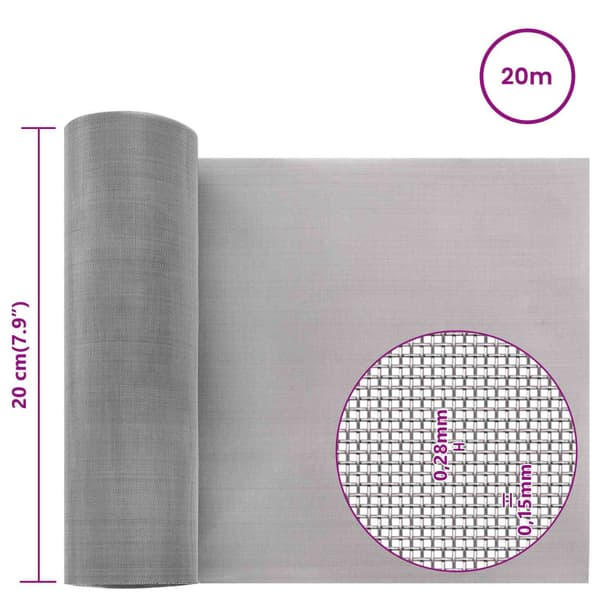 Nätduk 20 x 2000 cm 60 Mesh Rostfritt stål 201 Silver