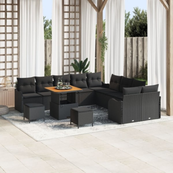 13-delad trädgårdsoffaset med kuddar svart poly rattan acacia