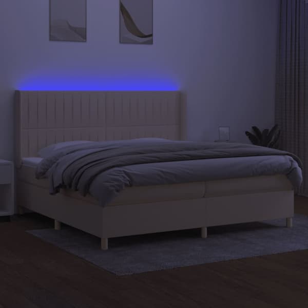 Ramsäng med madrass & LED gräddvit 200x200 cm tyg