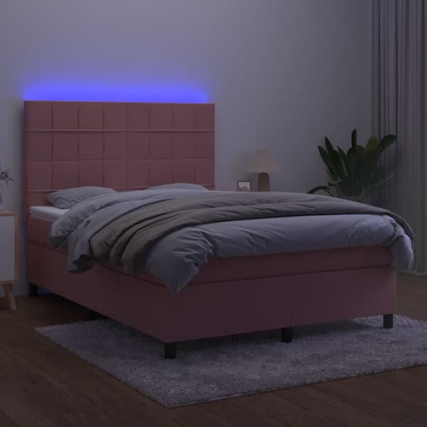 Ramsäng med madrass rosa & LED 140x200 cm sammet