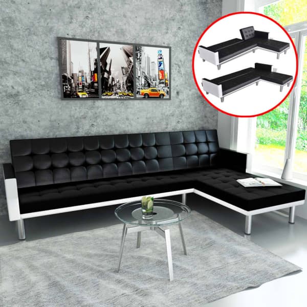 L-formad bäddsoffa konstläder svart