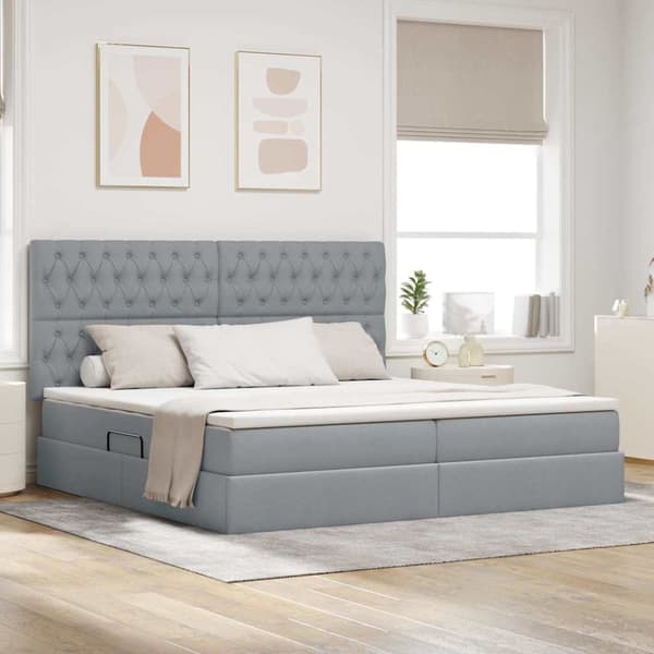 Förvaringssäng med LED med led Ljusgrå 200 x 200 cm Polyester