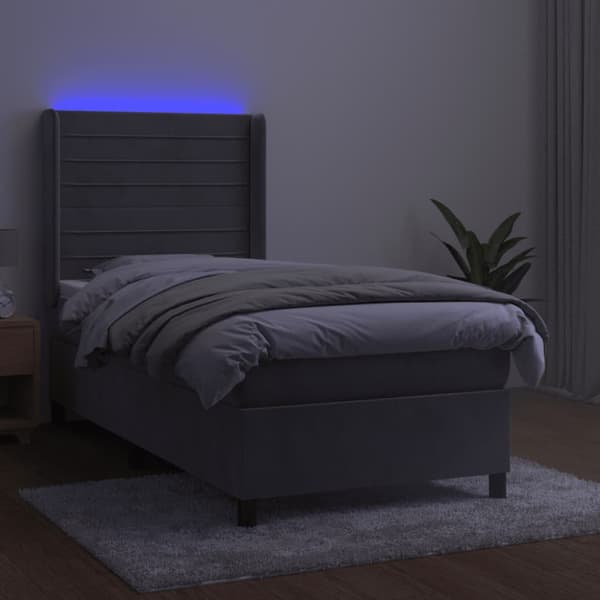 Ramsäng med madrass & LED ljusgrå 90x190 cm sammet