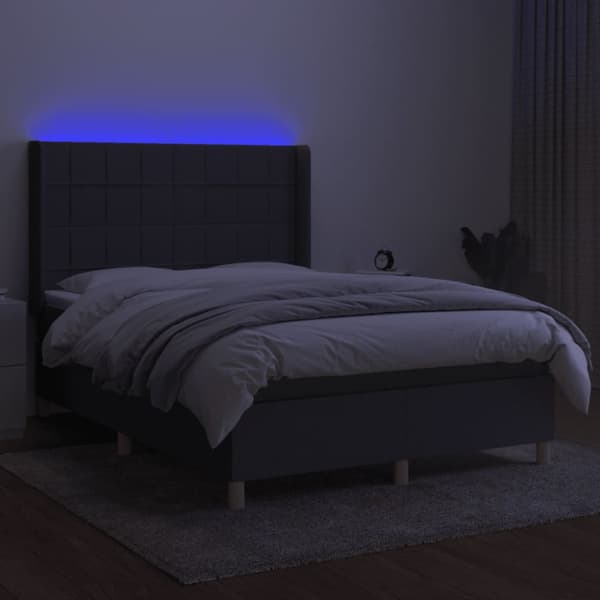 Ramsäng med madrass & LED mörkgrå 140x190 cm tyg
