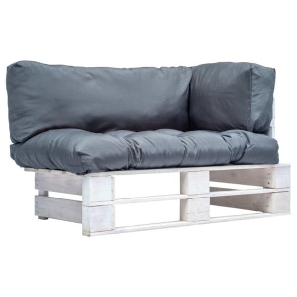 Pallsoffa med gråa dynor furu