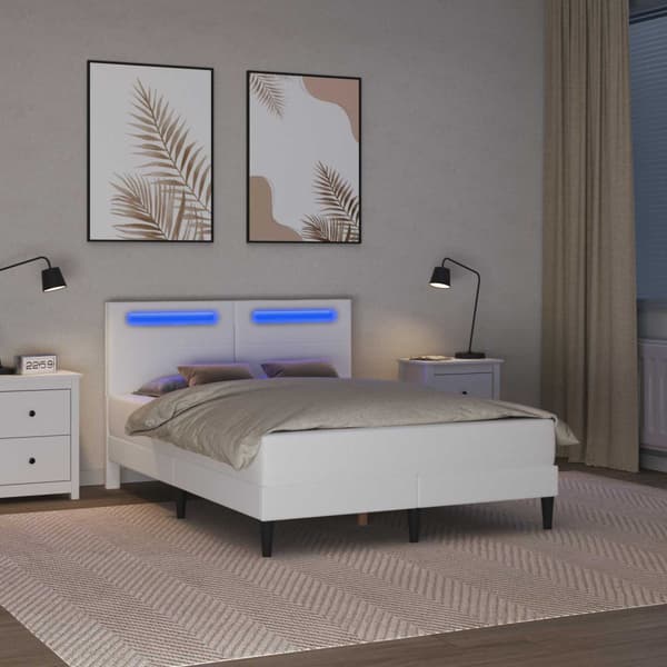 Sängram med LED-ljusslingor Vit 140 x 200 cm Konstläder