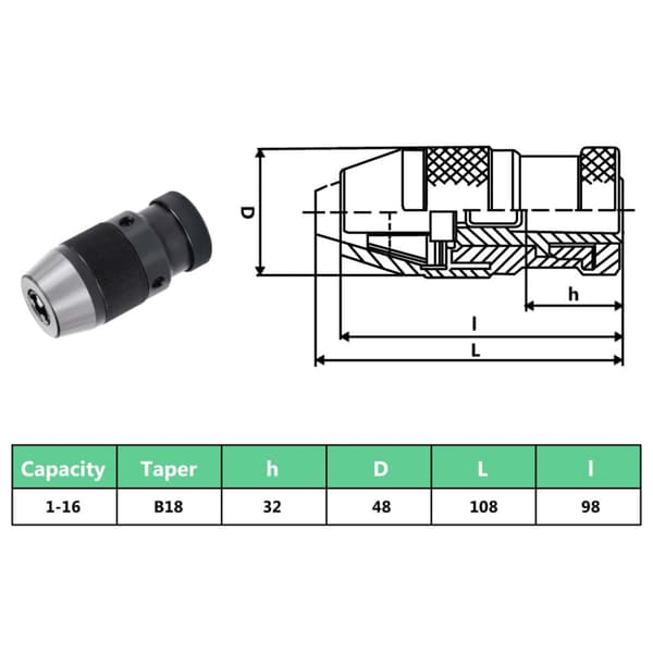 Snabbchuck MT2-B18 med 16 mm spännvidd
