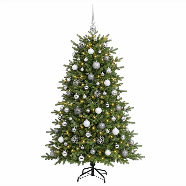Konstgjord julgran med julkulor 210 cm 300 LED-lampor Varmvit