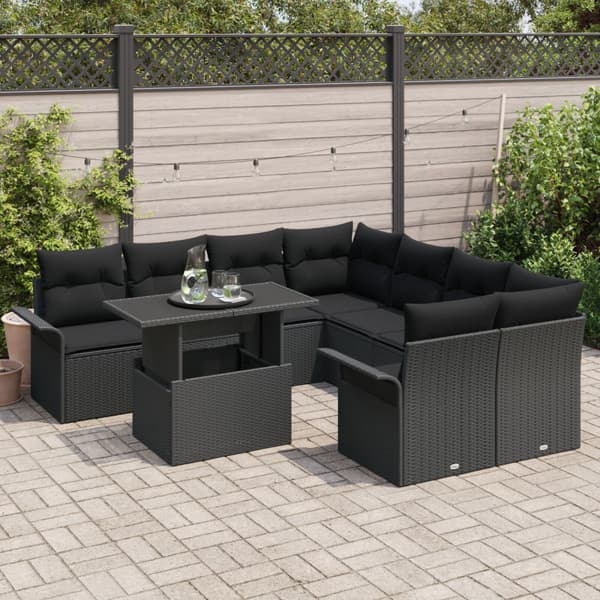 Trädgårdsoffset med kudde 9 pcs Svart Poly rattan