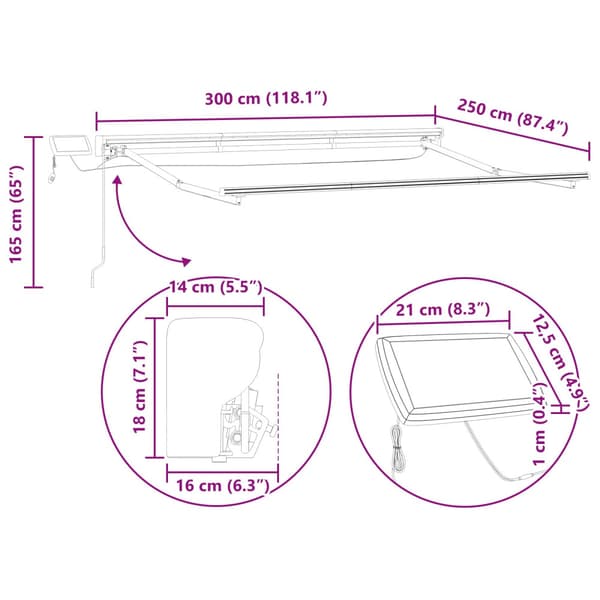 Manuell markisram med LED-lampor 3 x 2,5 m