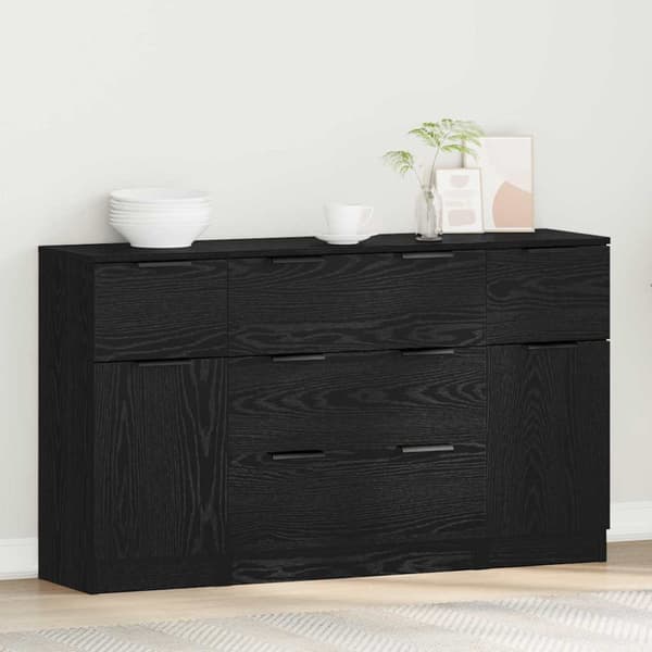 Sideboard med låda 3 pcs Svart Ek Konstruerat trä