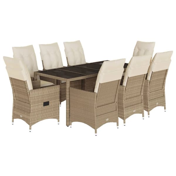 Matgrupp för trädgården med dynor 9 delar beige konstrotting