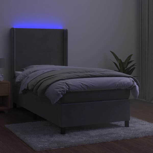 Ramsäng med madrass & LED ljusgrå 90x200 cm sammet