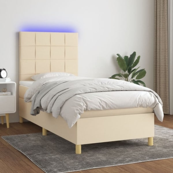 Ramsäng med madrass & LED gräddvit 80x200 cm tyg