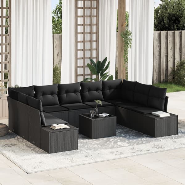 Trädgårdsoffset med kudde 9 pcs Svart Polyrattan