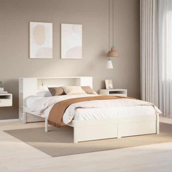 Säng med bokhylla utan madrass vit 120x190 cm massiv furu