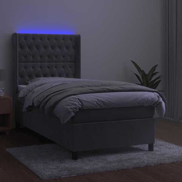 Ramsäng med madrass & LED ljusgrå 90x190 cm sammet