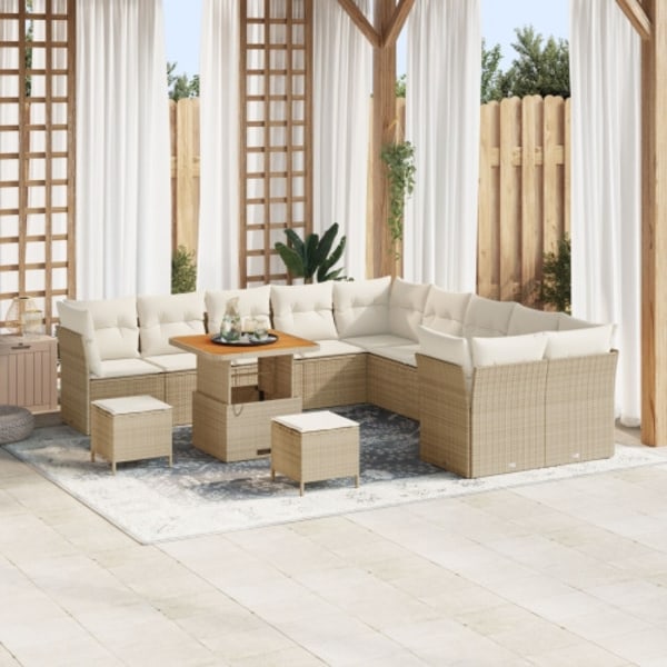 13-delat trädgårdsoffaset med kuddar beige poly rattan akacia