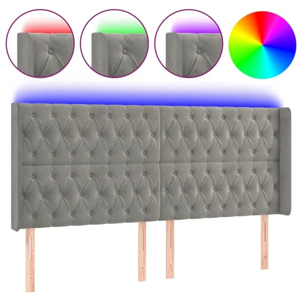 Sänggavel LED ljusgrå 203x16x118/128 cm sammet