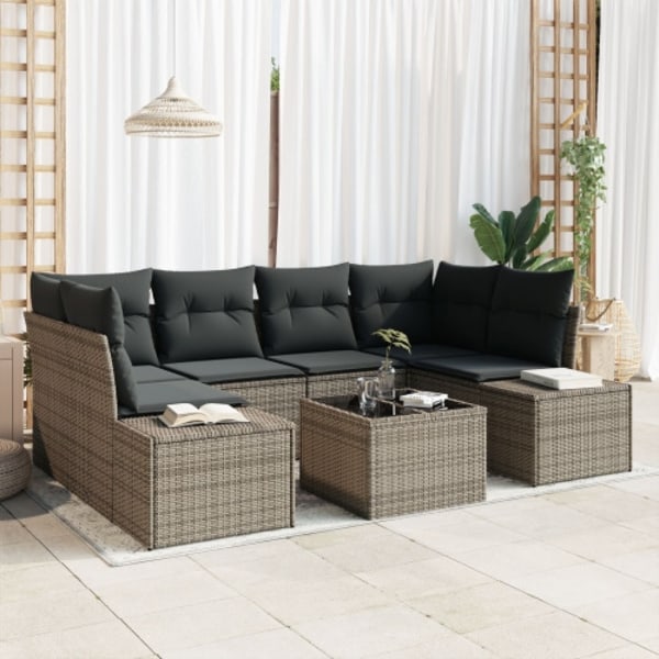 7-delat trädgårdsofa set med kuddar grå polyrotting