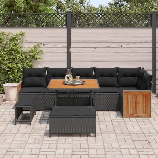 Trädgårdsoffset 9 pcs Svart Poly Rattan och Pulverlackerad Stål