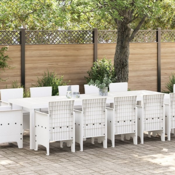 13 Delar Trädgårds matsalsset med Kuddar Vit Poly Rattan, vidaXL Trädgårdsbord Vit 150x100x73 cm Poly Rattan, vidaXL Trädgårdsstolar med Kuddar 4 st V