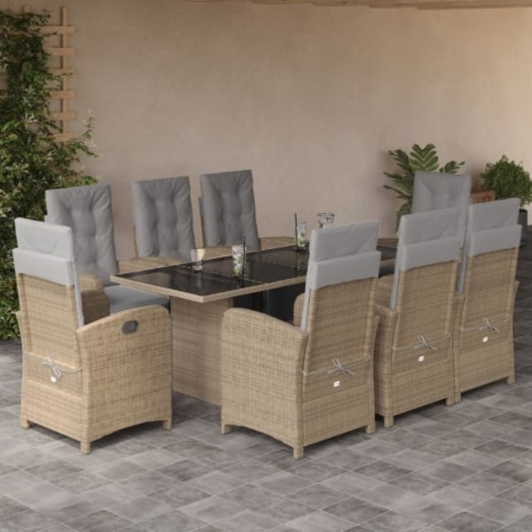Matgrupp för trädgården med dynor 9 delar beige konstrotting