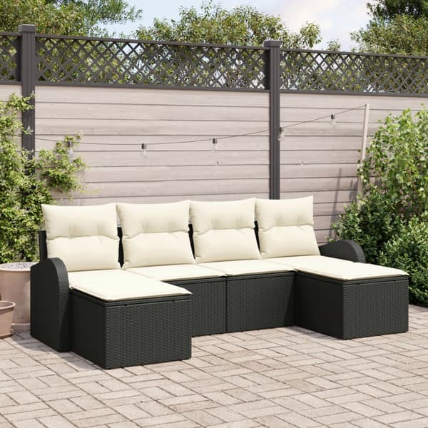 Trädgårdsoffset med kudde 6 pcs Svart Poly Rattan