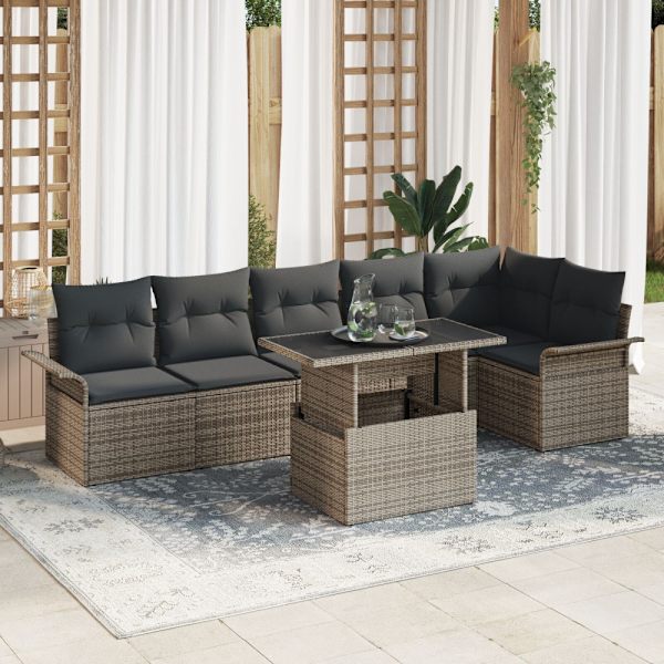 Trädgårdsoffset med kudde 7 pcs Grå Poly rattan