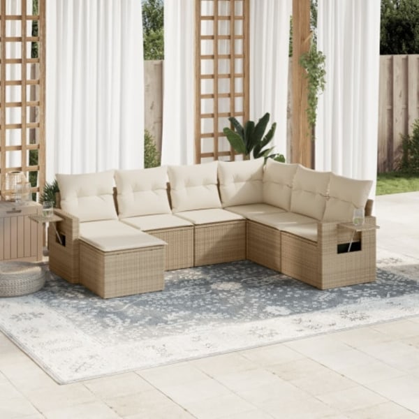 Matgrupp för trädgården med dynor 7 delar beige konstrotting