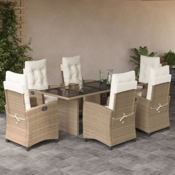 Matgrupp för trädgården med dynor 7 delar beige konstrotting