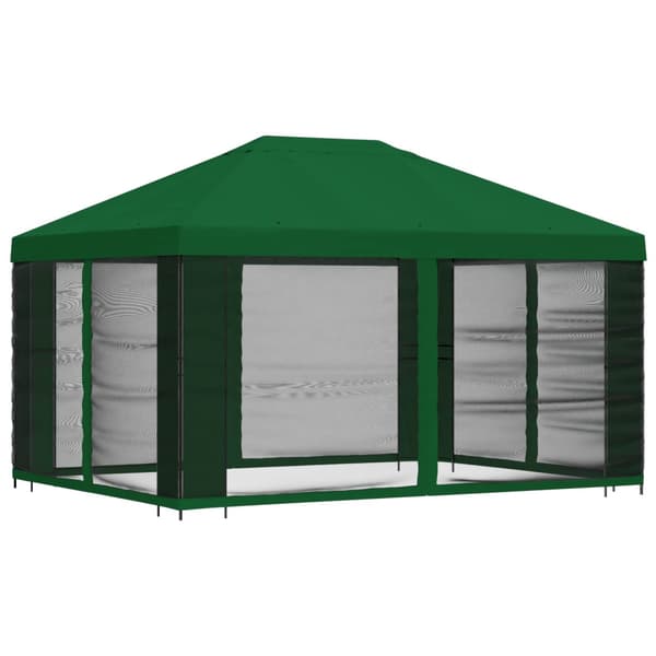 Trädgårdsgazebo med sidoväggar 4 × 3 m Grön Polyester och Stål