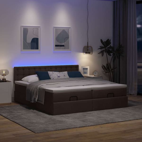 Ottoman sängram med madrasser mörkbrun 200x200 cm tyg