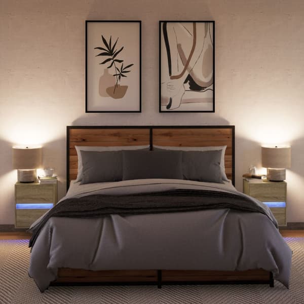 Väggmonterade sängbord med LED-lampor 2 st sonoma-ek