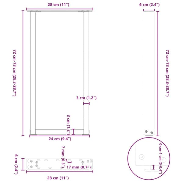 Konsolbordsben U-formade 2 st antracit 28x(72-73) cm stål