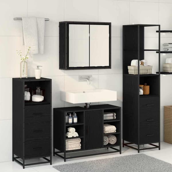 Badrumsmöbelset med låda 4 pcs Svart Ek Konstruerat trä