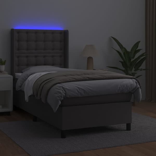 Ramsäng med madrass & LED grå 100x200 cm konstläder