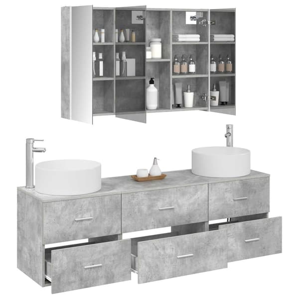 Badrumsmöbelset 4 pcs Betonggrå Konstruerat trä och glas