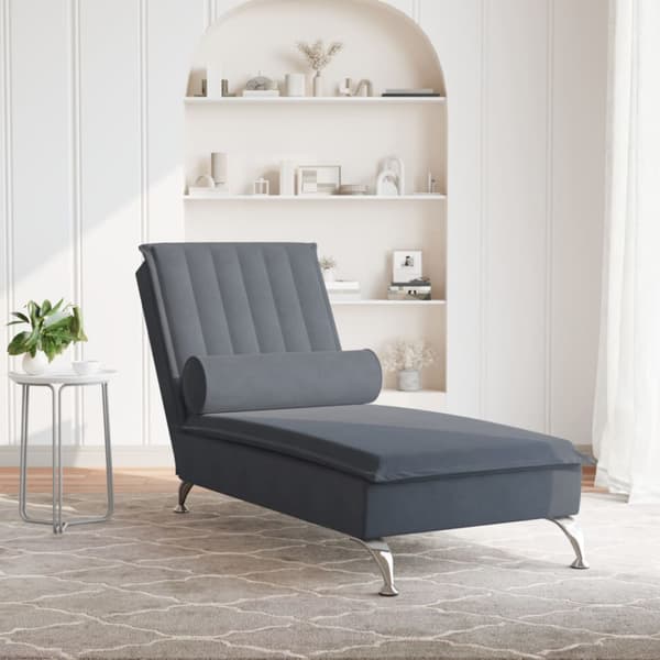 Massageschäslong med bolster mörkgrå sammet