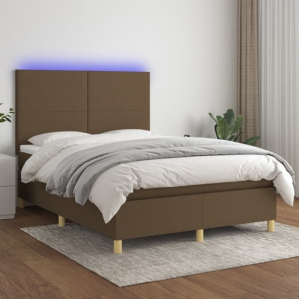 Ramsäng med madrass & LED mörkbrun 140x200 cm tyg