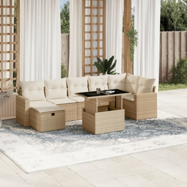 Matgrupp för trädgården med dynor 8 delar beige konstrotting